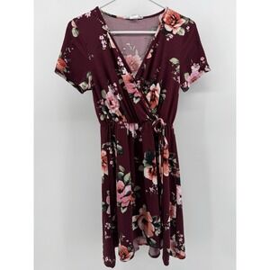 Love Fast Live Hard Women's Dress Short Sleeve Burgandy Floral Print Size Medium